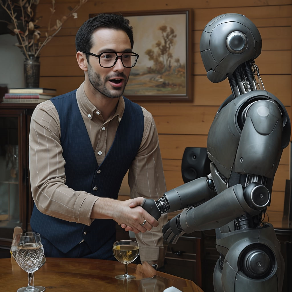 Imagine cu un robot și un om de afaceri dând mâna, simbolizând colaborarea dintre inteligența artificială și oameni în mediul de afaceri